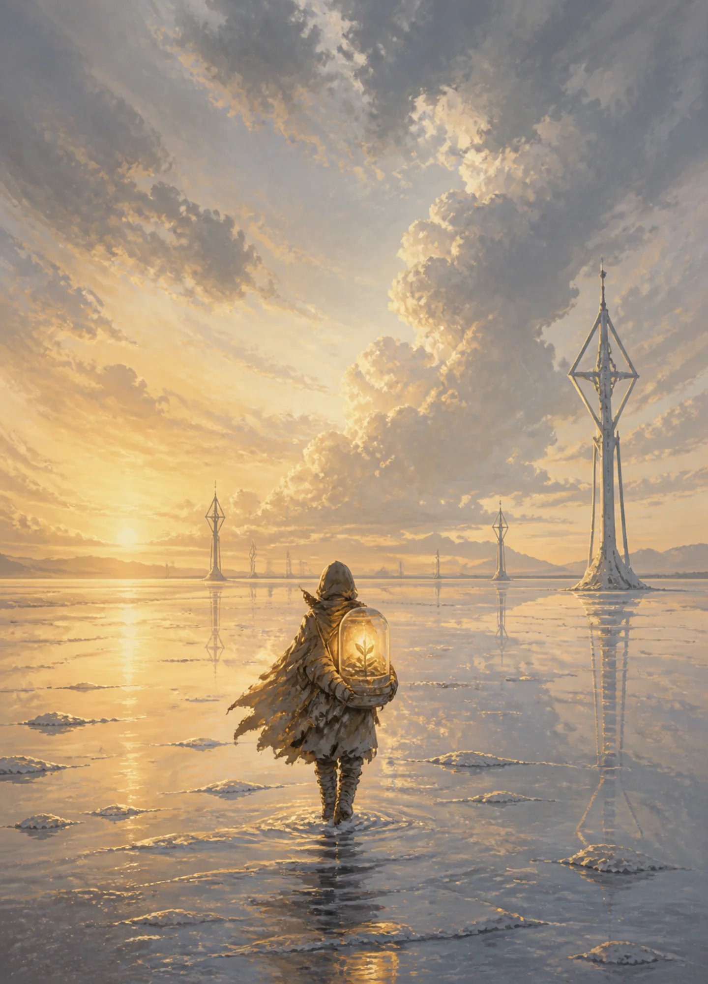 a seed courier crossing a reflective salt flat at dawn
