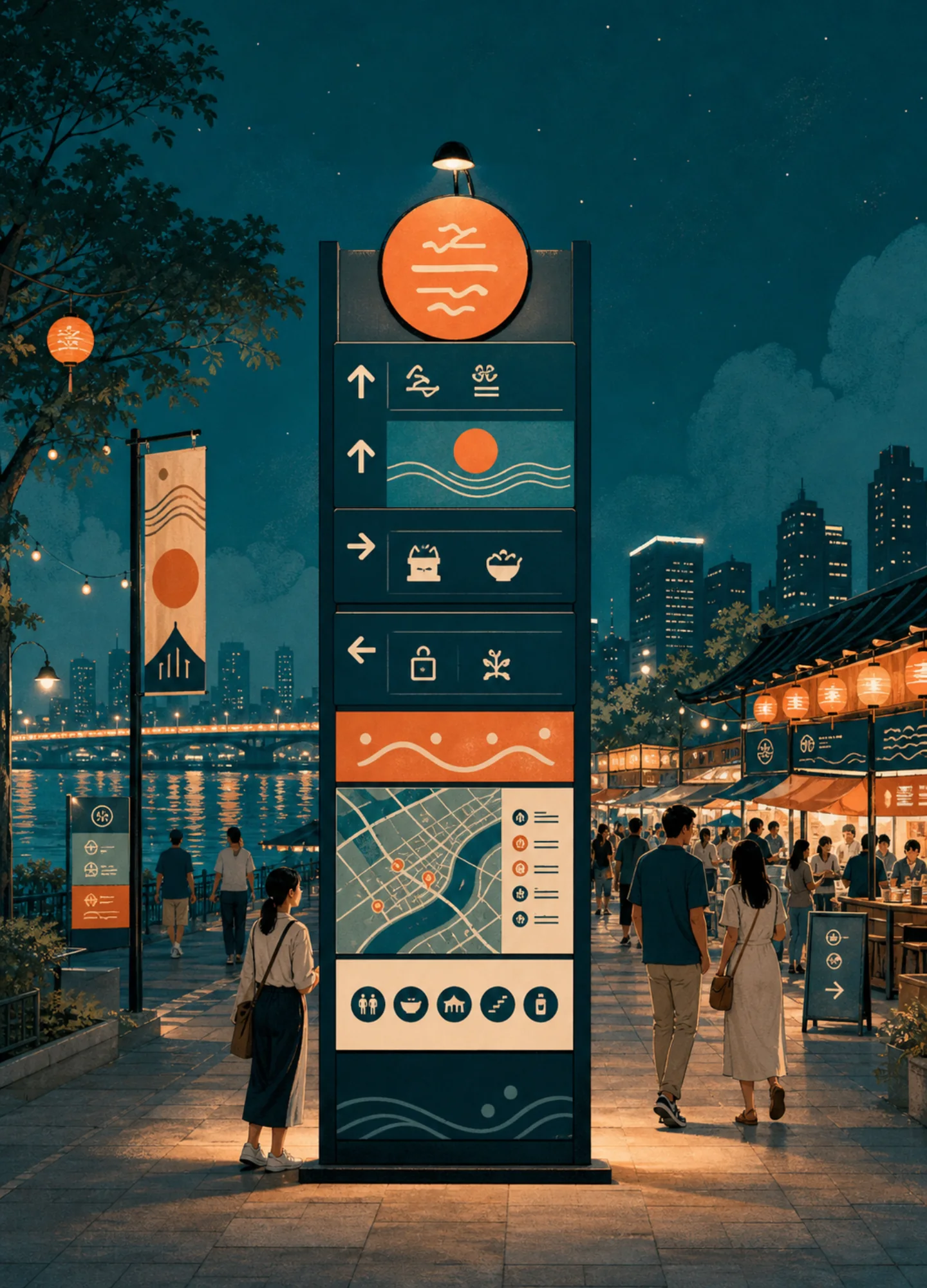 a multilingual wayfinding system in a lively riverside night market