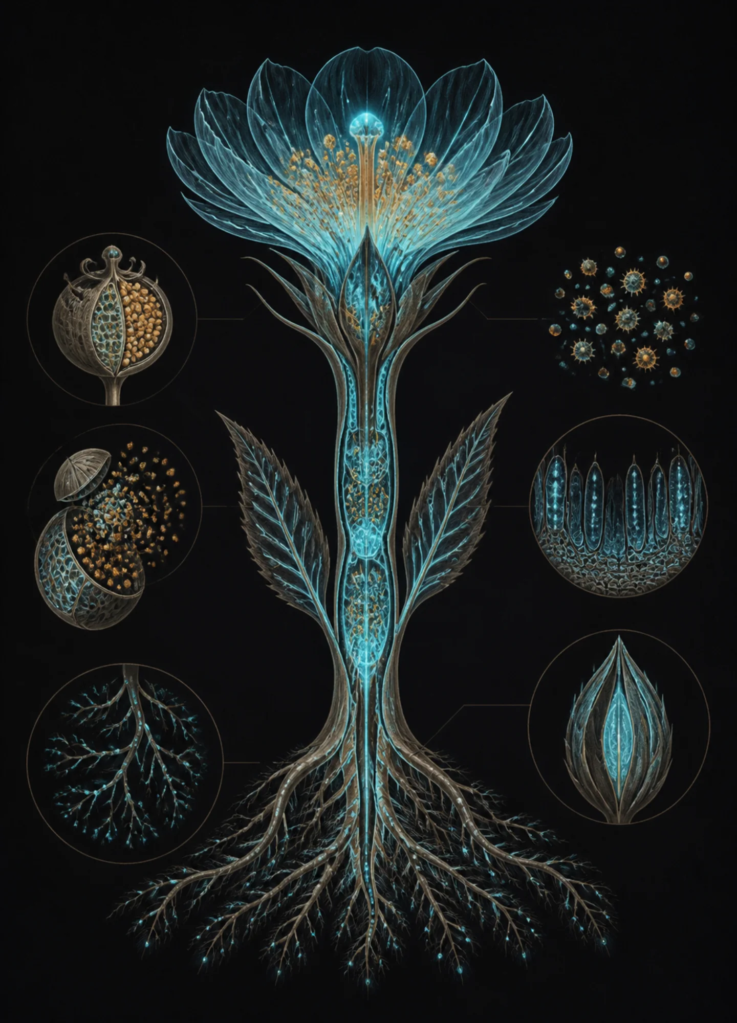 a museum botanical study of a bioluminescent desert flower