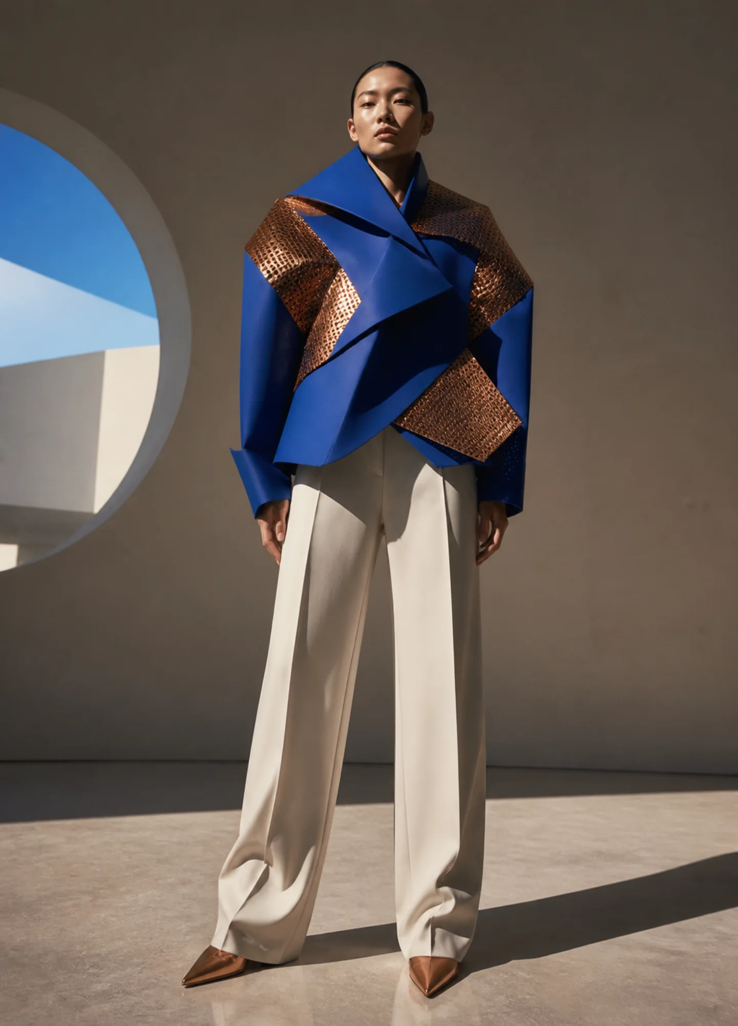 a sculptural cobalt-paper fashion look in a minimal gallery