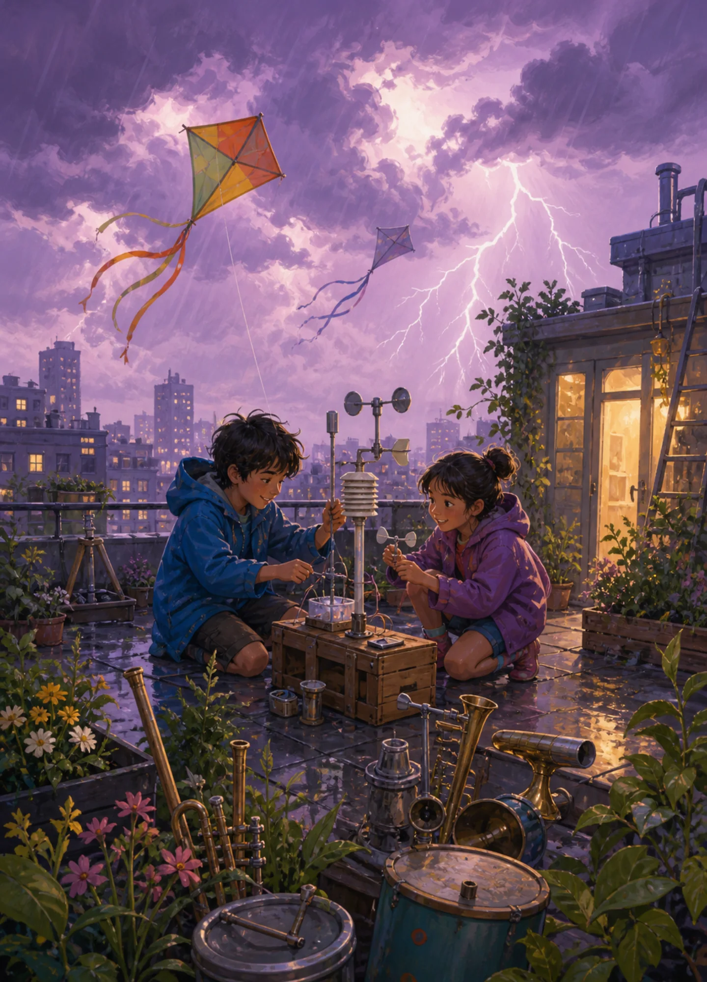siblings building a weather station in a rooftop garden