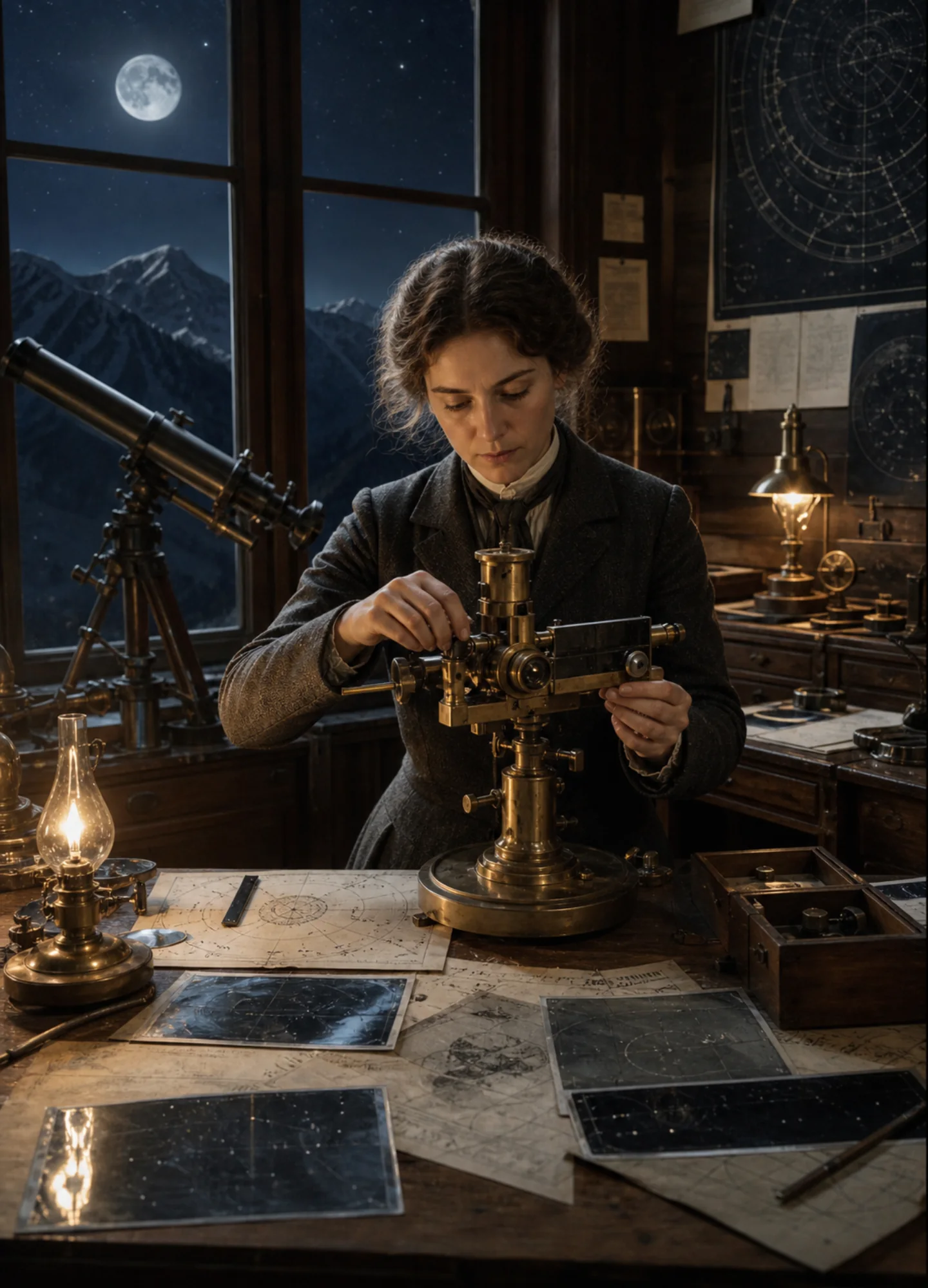 a period astronomer working inside a moonlit mountain observatory