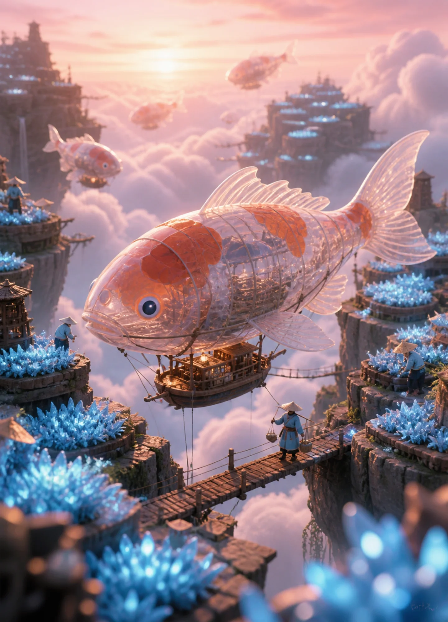 translucent koi airships moving through terraced cloud farms