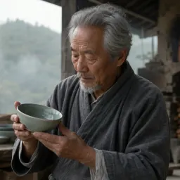 Natural-light portrait of an elderly ceramicist examining a celadon bowl