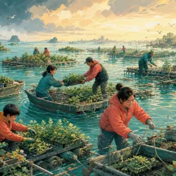 Gouache story scene of a community repairing floating gardens