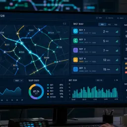 Fictional transit control dashboard with maps, cards, charts, and status chips