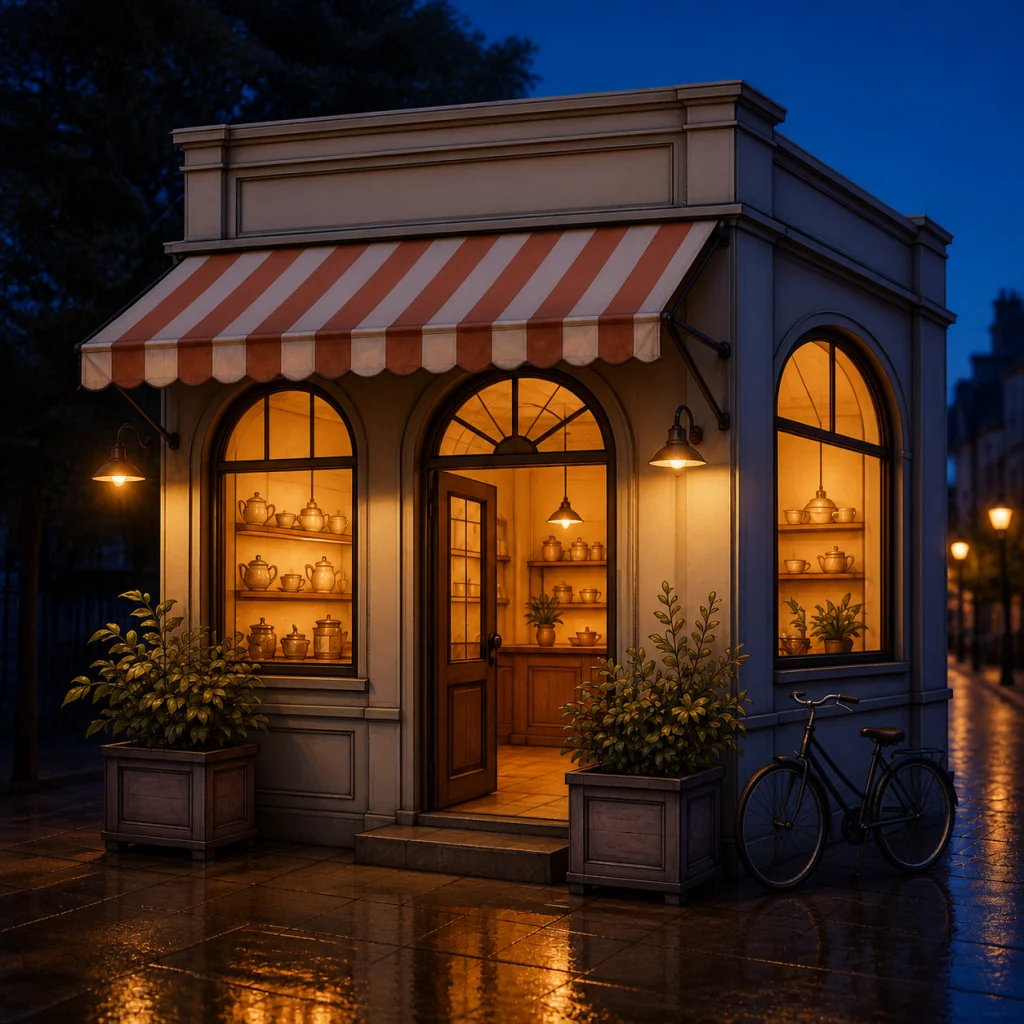 Photorealistic blue-hour tea shop preserving the reference composition