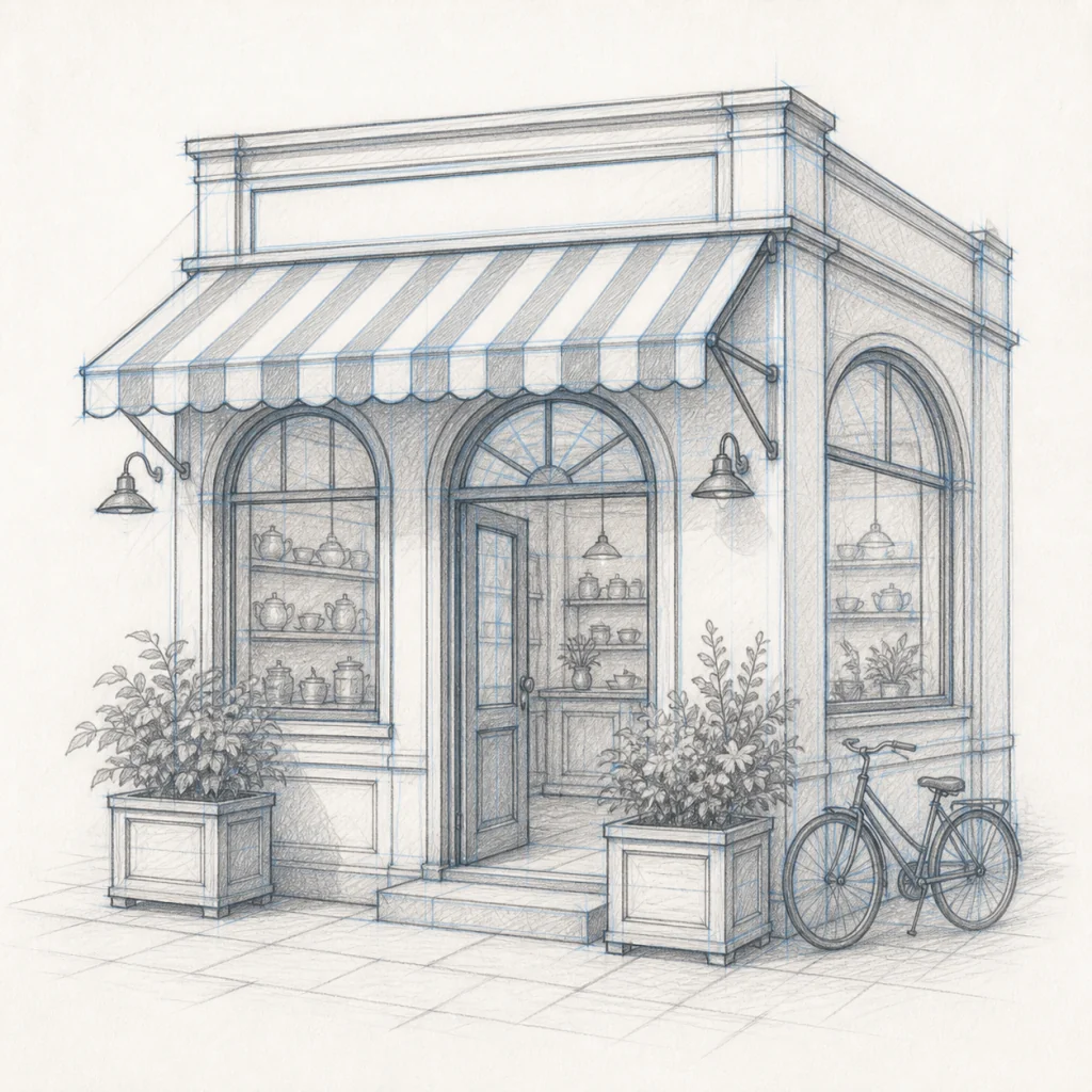 Pencil sketch of a neighborhood tea shop used as an editing reference