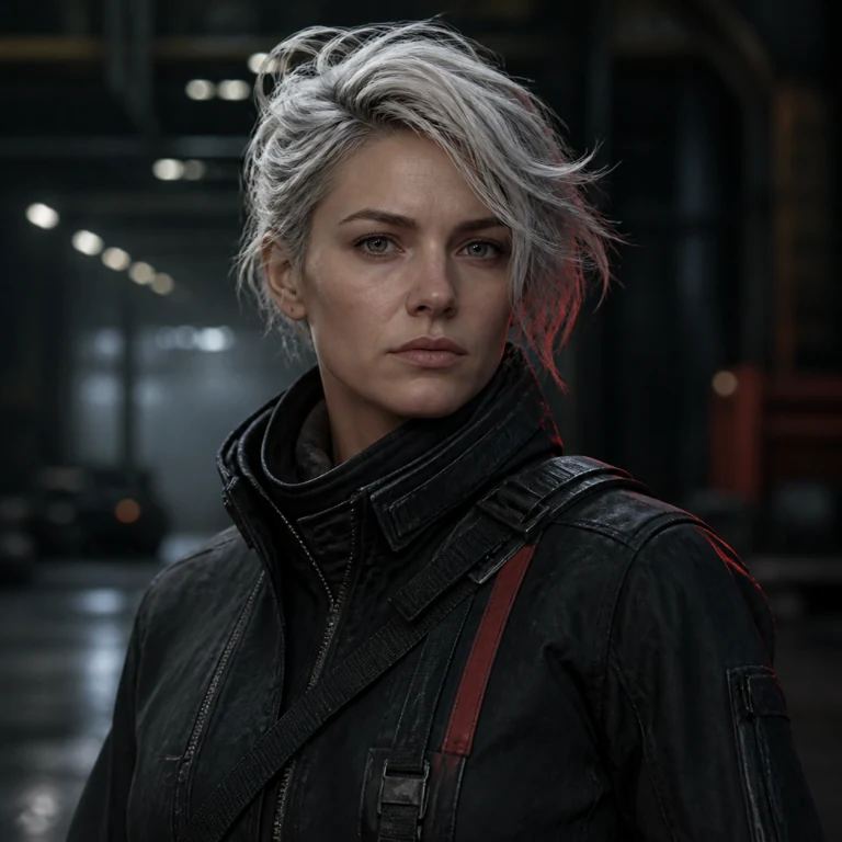 Reference portrait of a short silver-haired courier in a black technical jacket