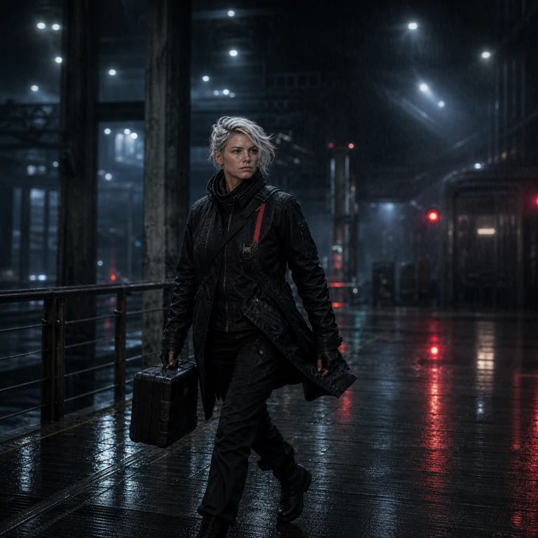 Cinematic frame of the silver-haired courier crossing a rain-lit industrial transit concourse