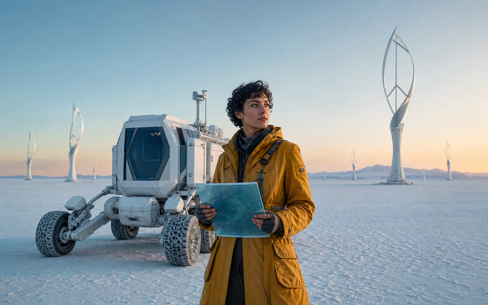 Field cartographer beside a pearl-white mobile lab at dawn