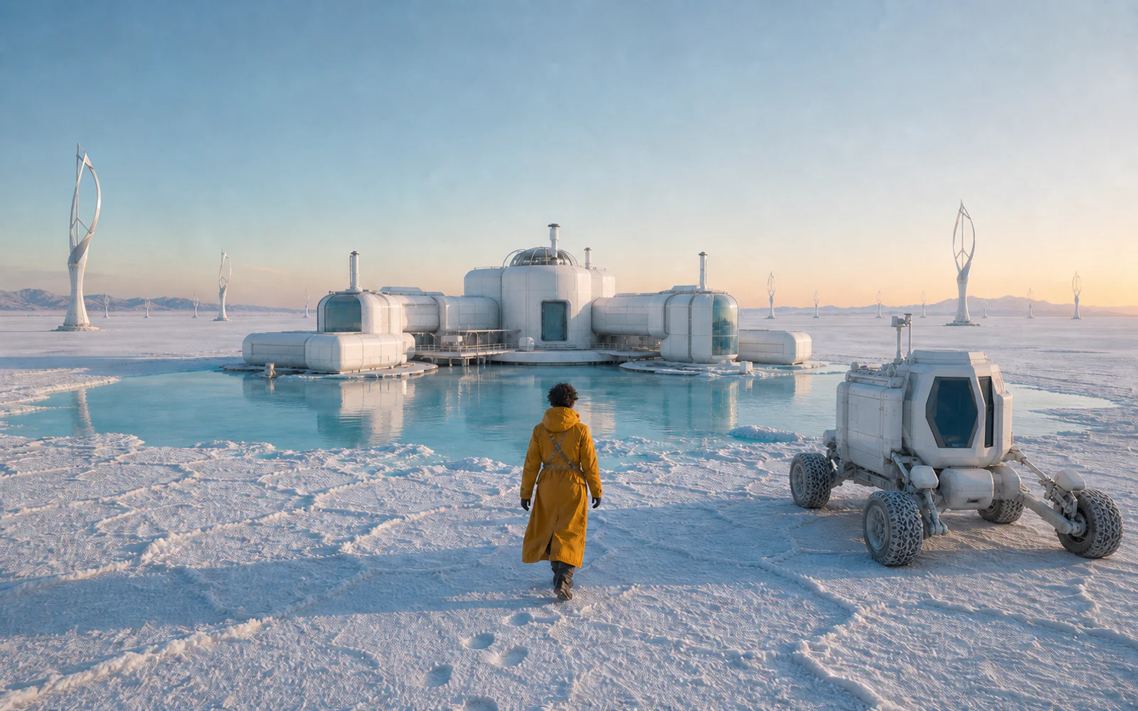 The same cartographer approaching a salt-flat research station