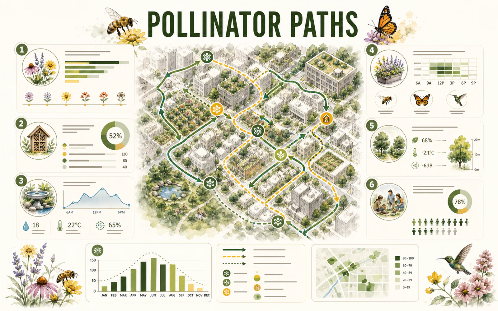 Editorial pollinator-path infographic with a city map, charts, icons, and structured modules