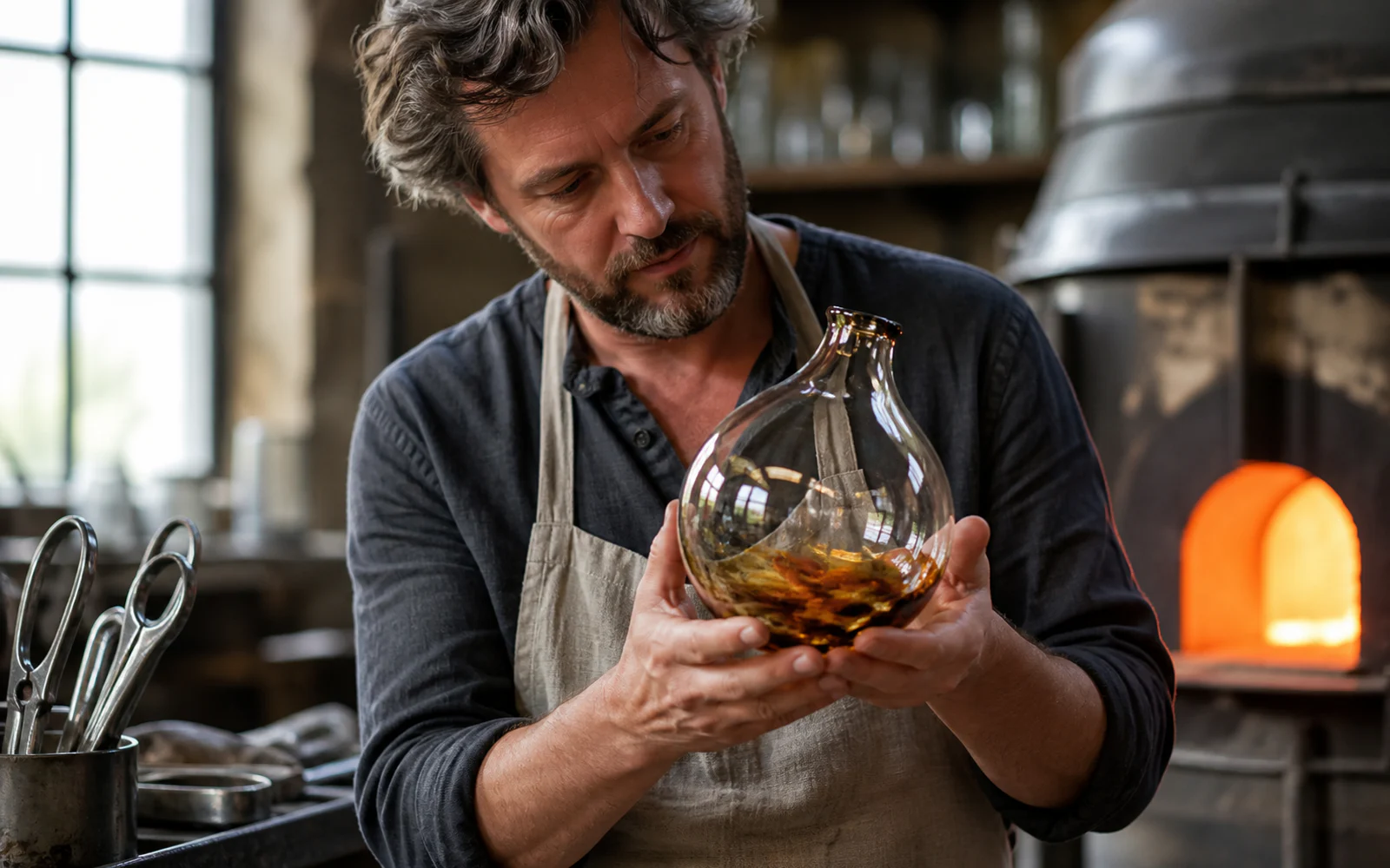 Glass artist examining a hand-blown vessel under warm furnace light and cool window light