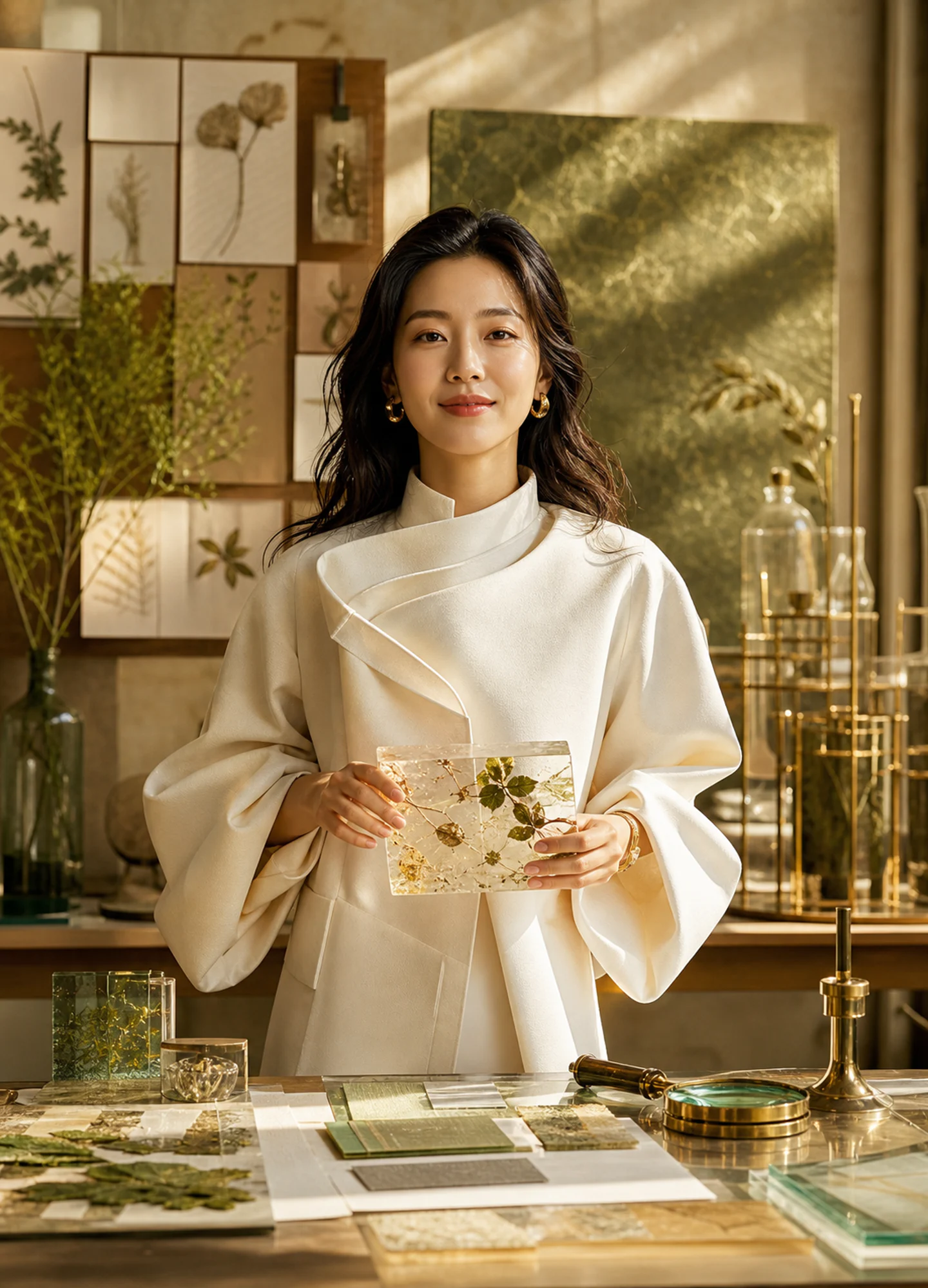 a botanical materials director holding a translucent resin sample in a warm studio