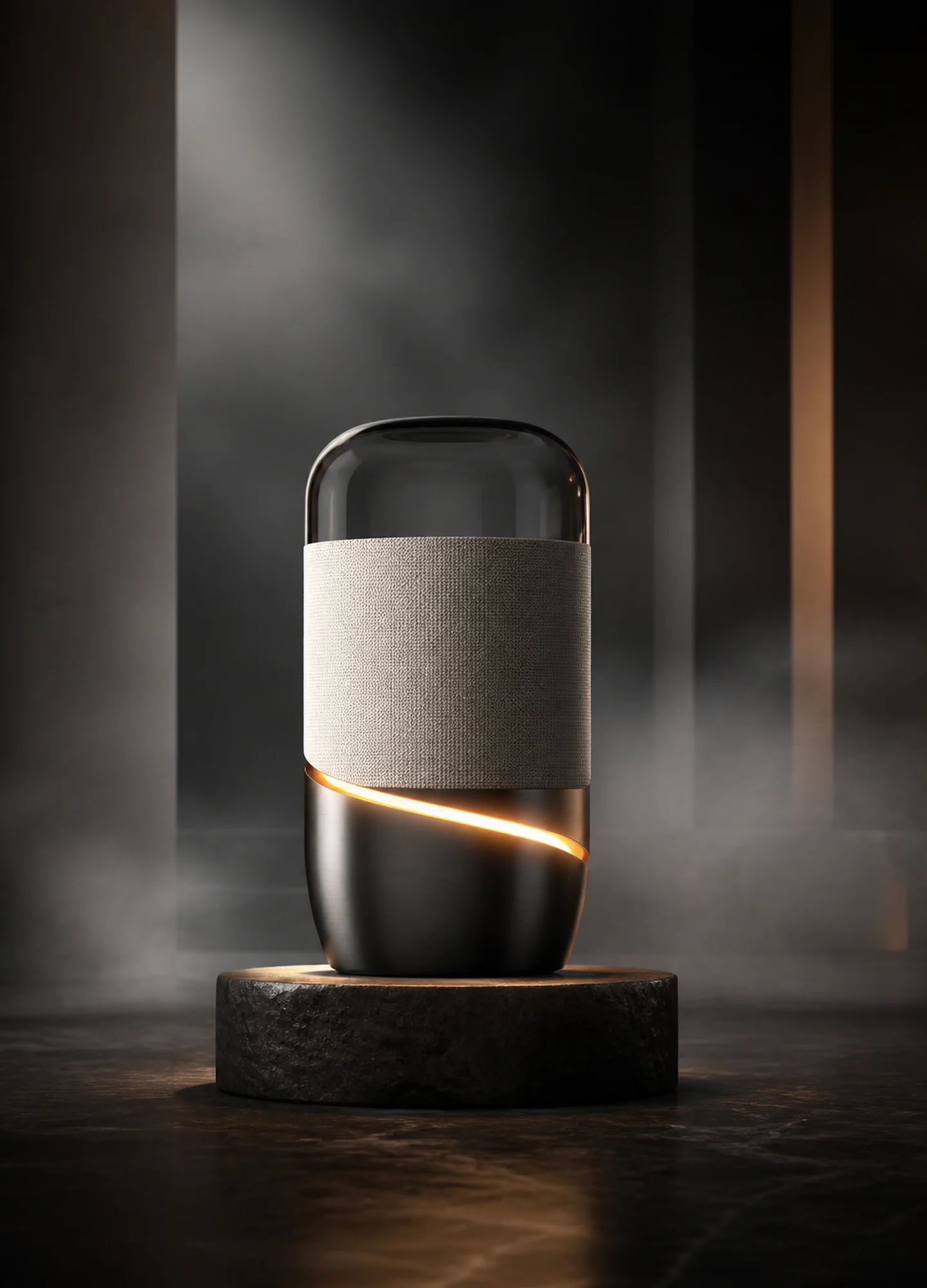 a smoky-glass speaker with woven fabric and an amber light ribbon