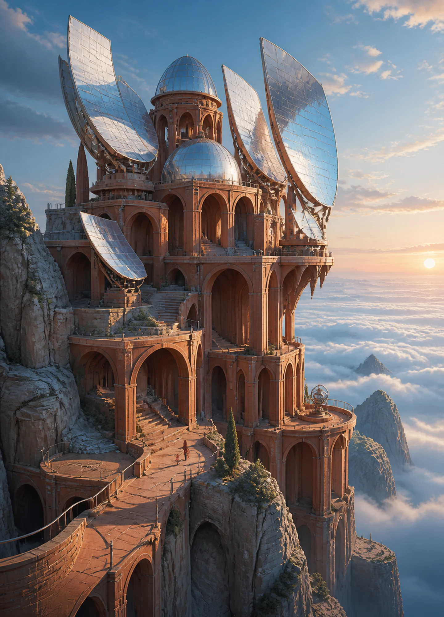 a terracotta observatory with mirrored solar sails above a cloud sea