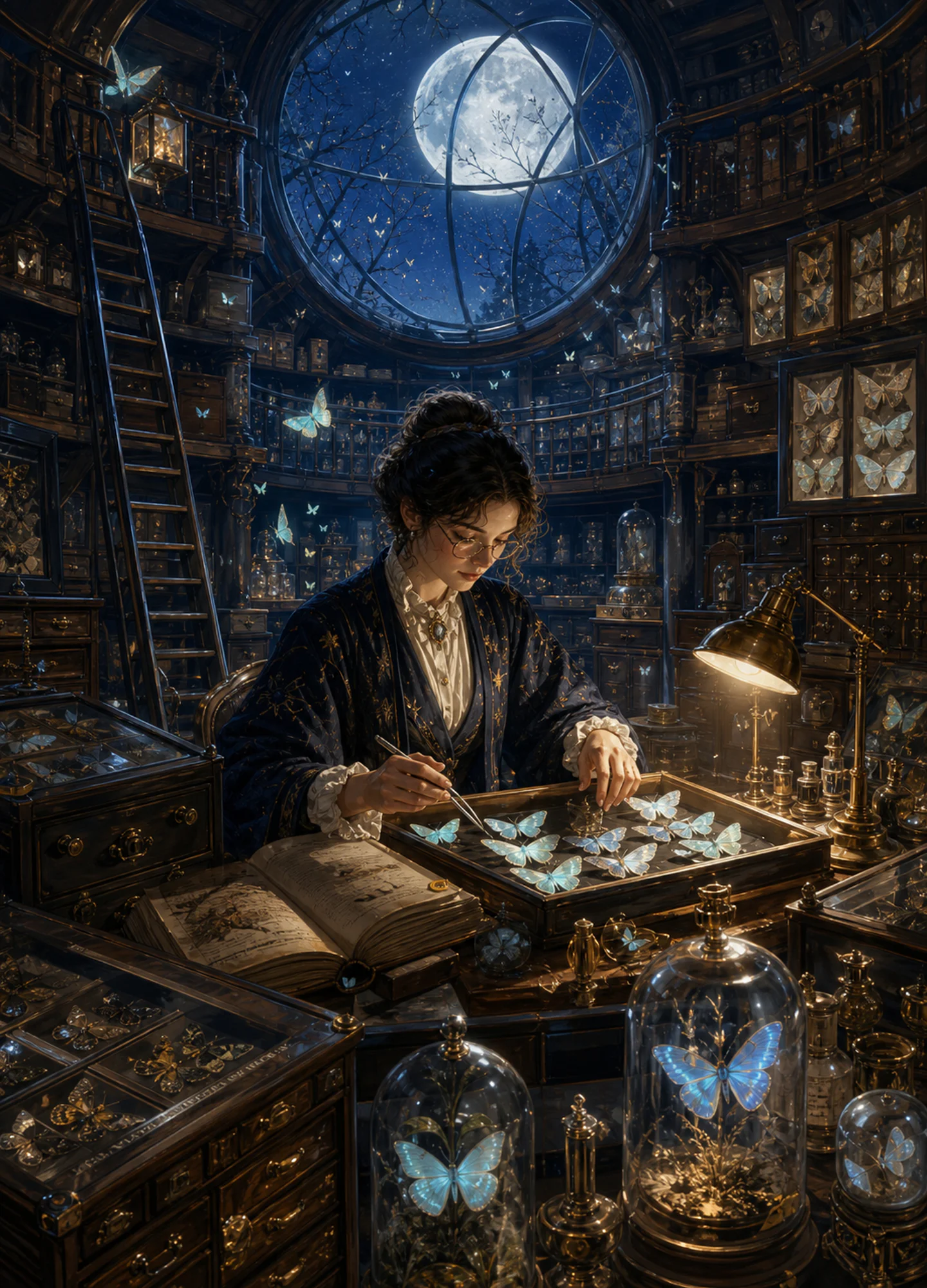 a moonlit librarian cataloging luminous moths inside a circular archive