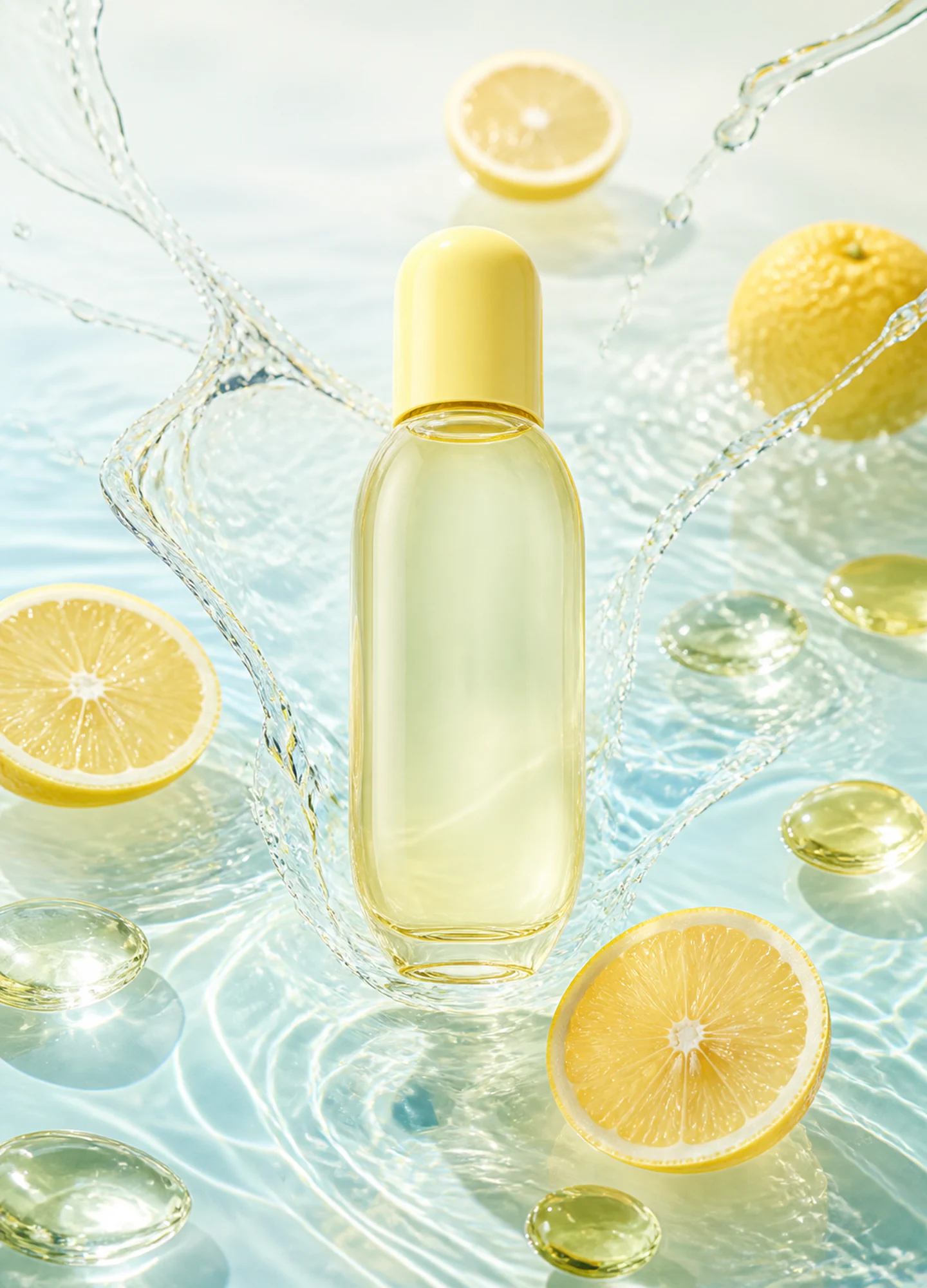 a blank citrus skincare bottle surrounded by water and pale yellow glass
