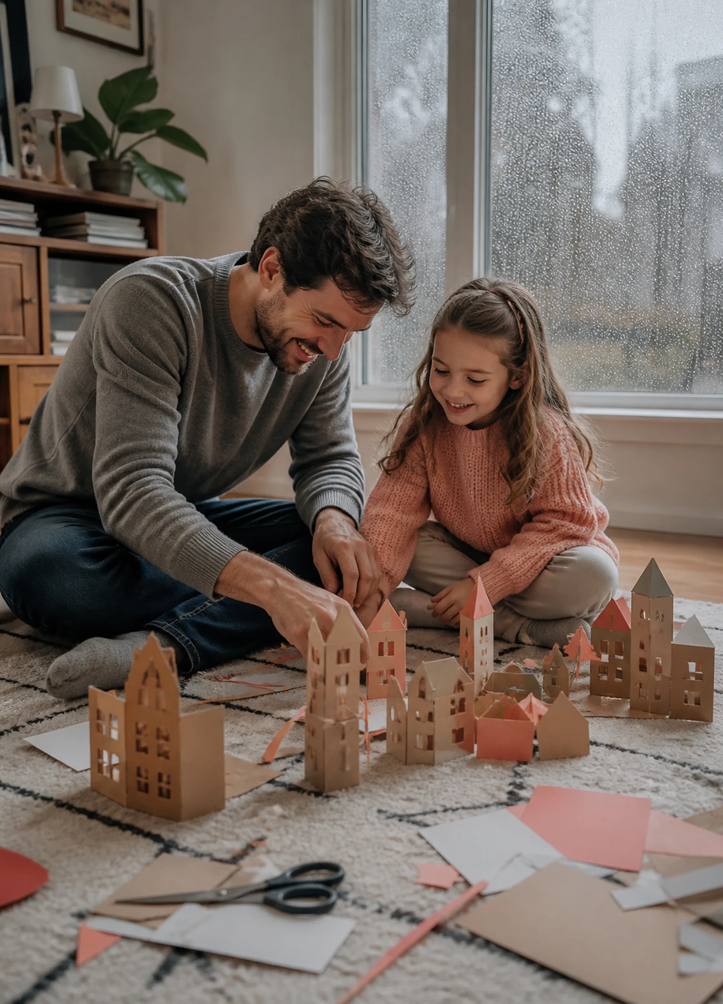 a father and daughter building a cardboard city on a rainy afternoon