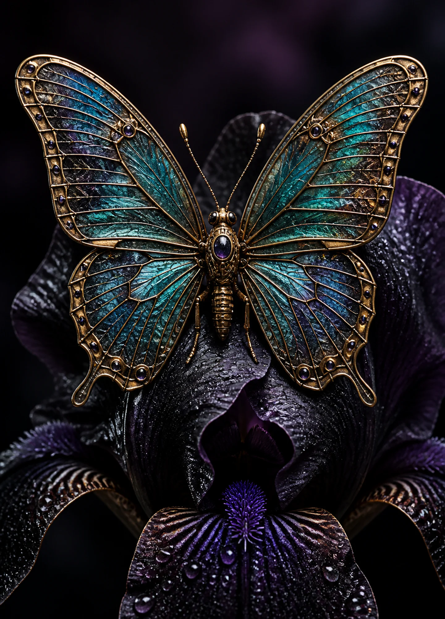 a stained-glass and brass butterfly resting on a black iris