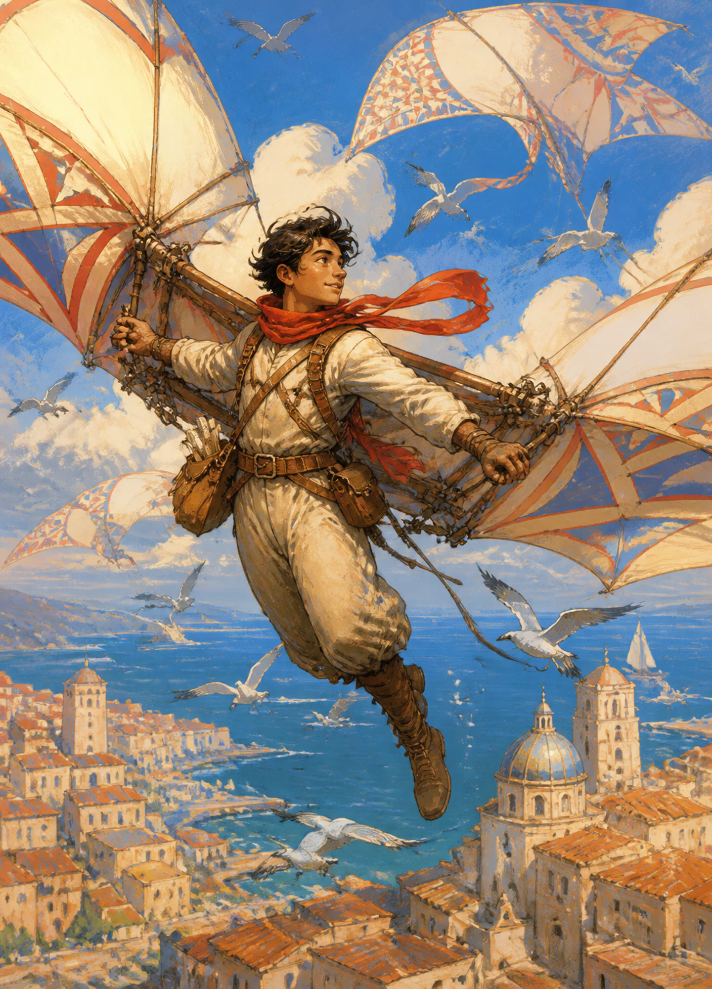 an original sky courier gliding between giant paper kites above the coast