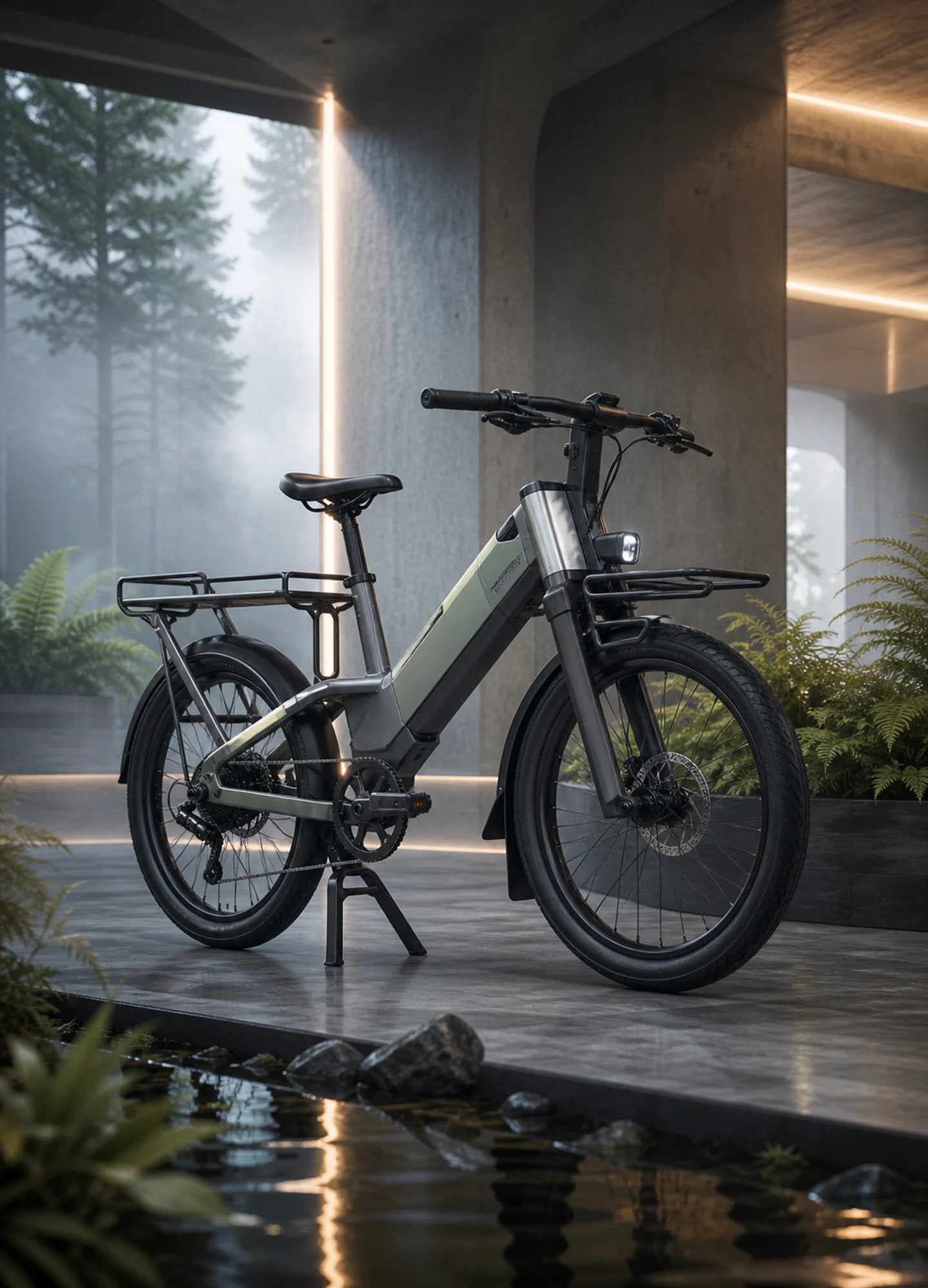 a modular electric bicycle in a misty concrete transit pavilion