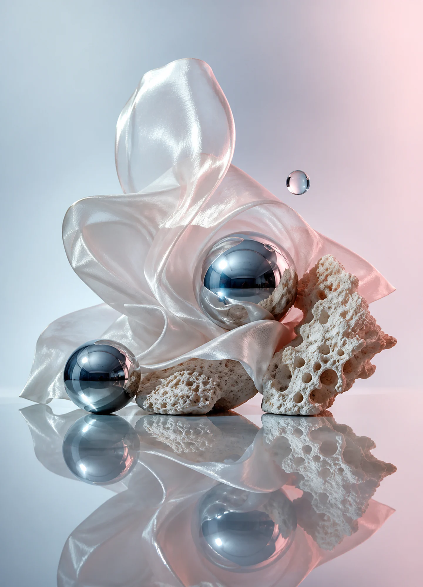 a sculptural still life of silk, chrome, coral stone, and water