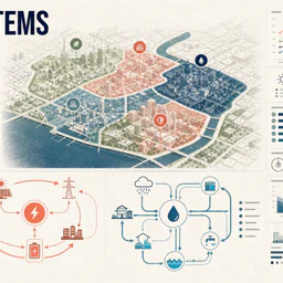 High-density city systems infographic with maps, loops, charts, and modular hierarchy