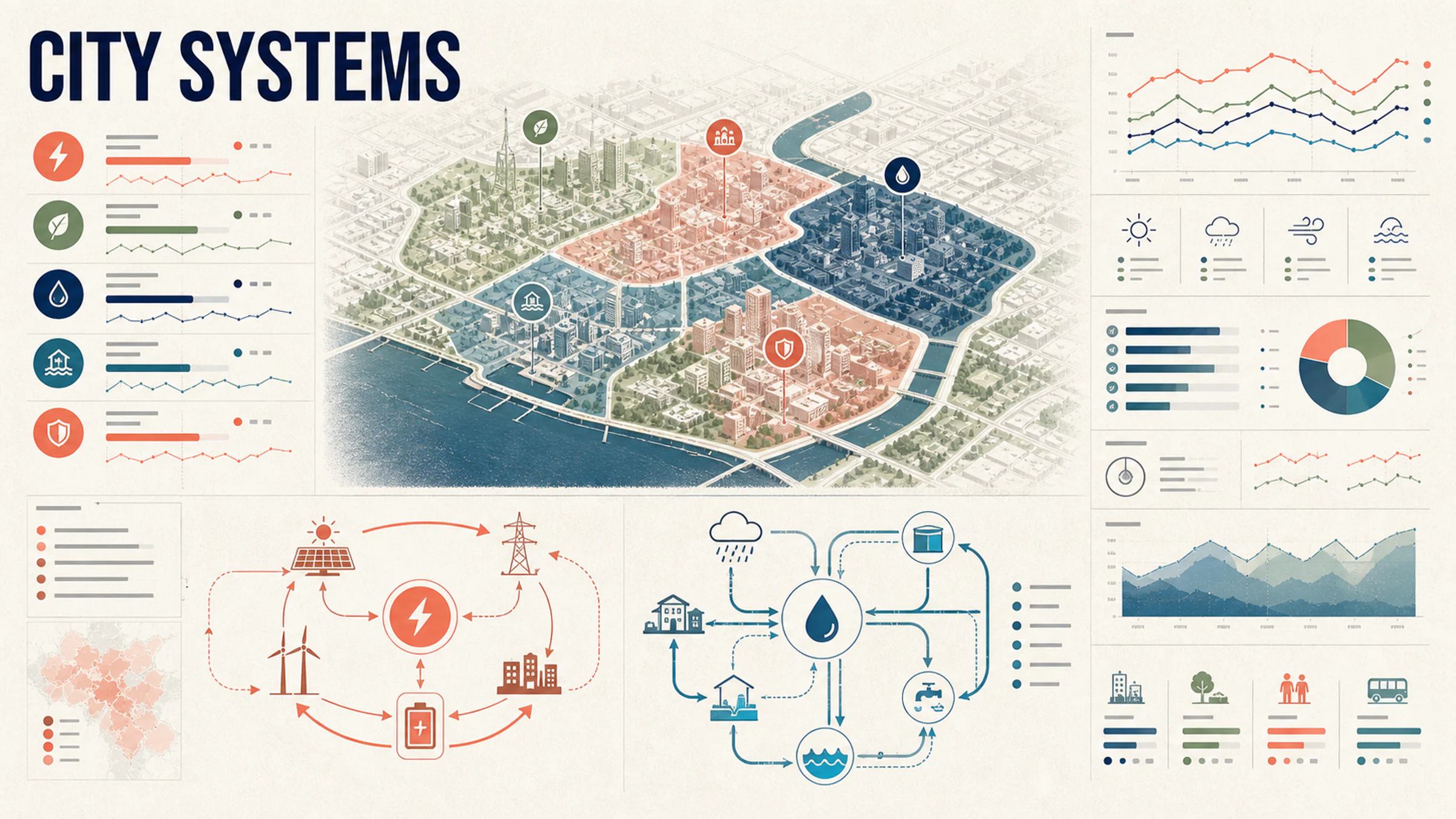 High-density city systems infographic with maps, loops, charts, and modular hierarchy