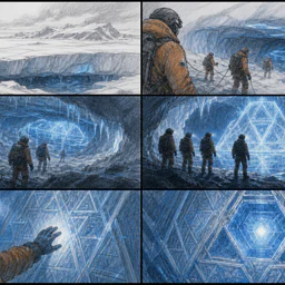 Six-panel polar discovery storyboard drawn in graphite and ice blue