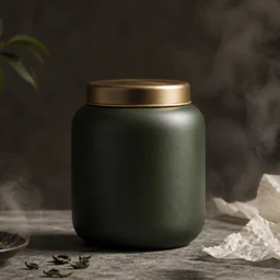 Blank forest-green tea canister in a premium product photograph