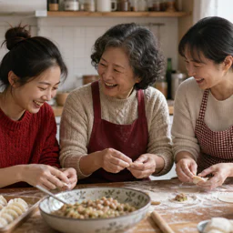 Three generations making dumplings together in natural window light