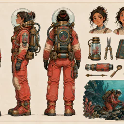 Deep-sea botanist character design sheet with turnarounds and equipment