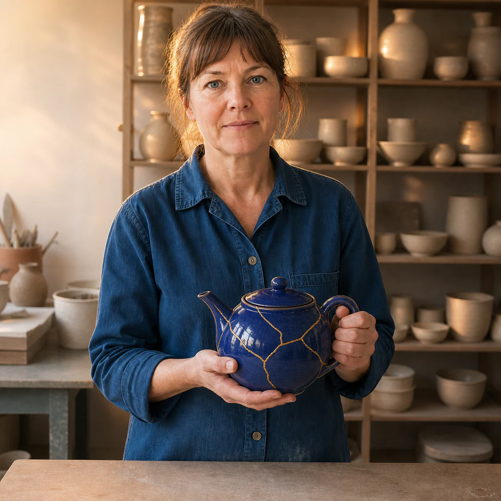 Edited ceramic artist portrait with the same composition and a cobalt kintsugi teapot