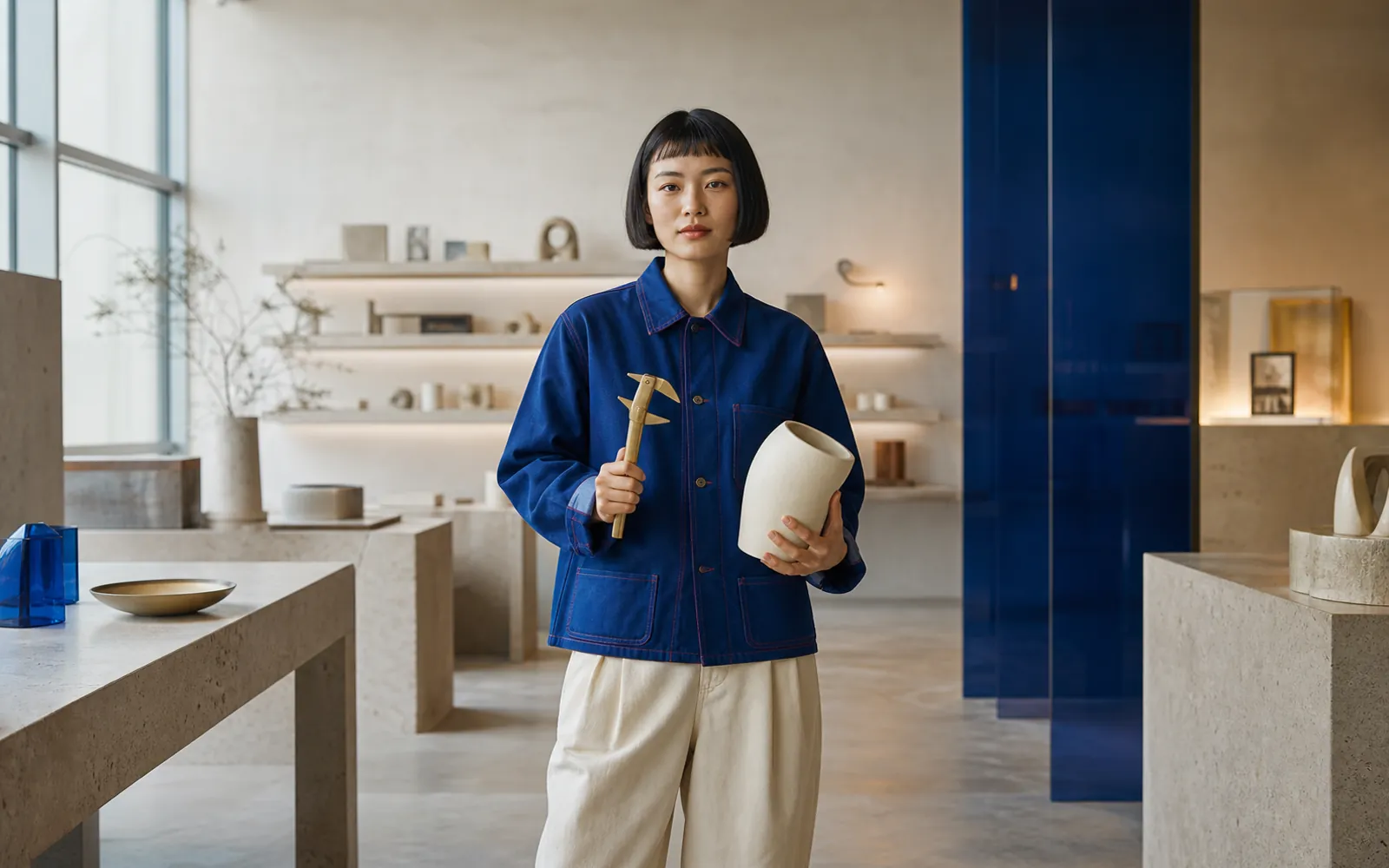 Designer Aya holding a ceramic prototype in a cobalt material studio