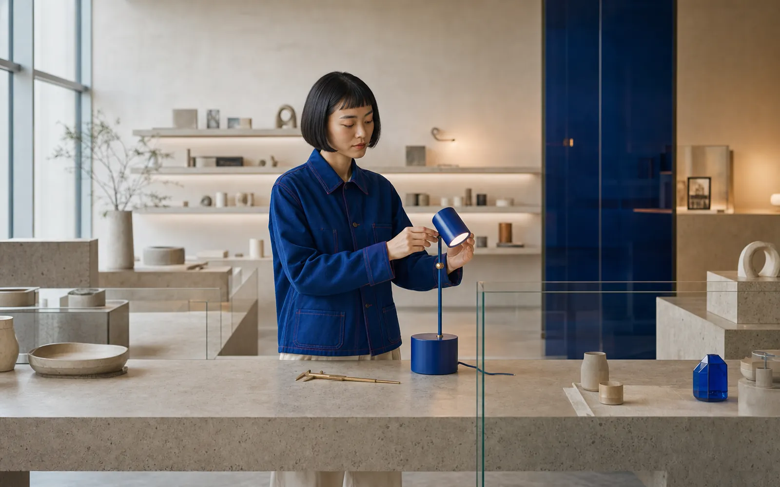 The same designer testing a cobalt lamp at a travertine workbench
