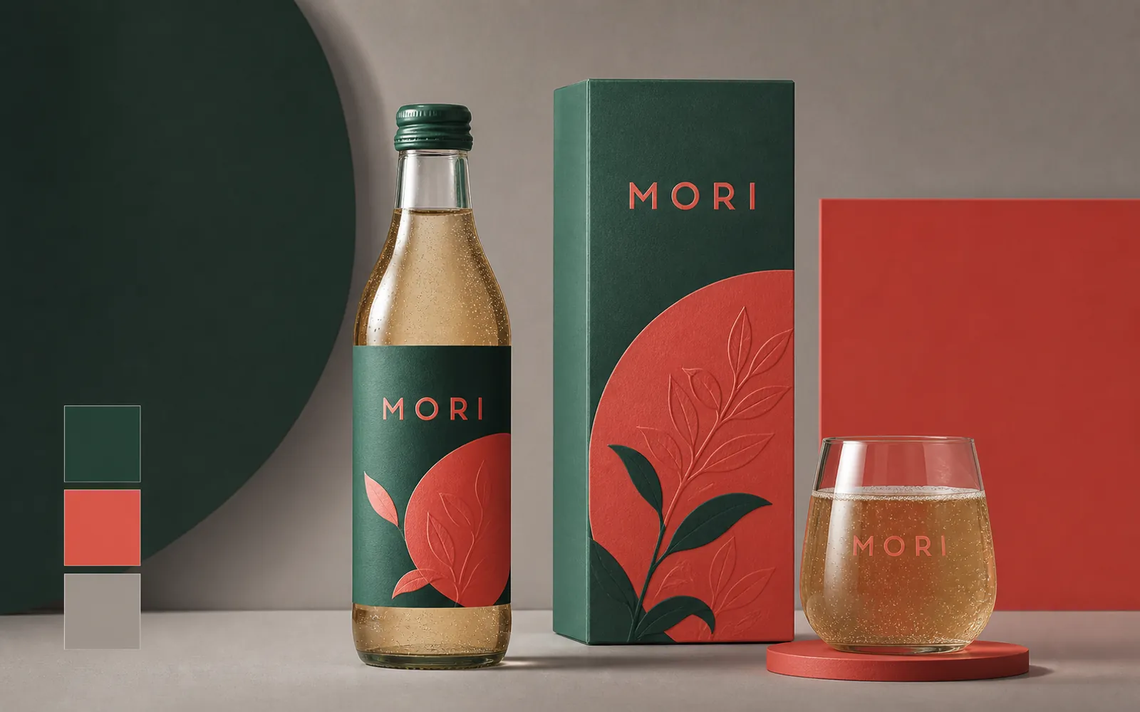 Fictional MORI beverage brand system with consistent forest green, coral, and readable short labels