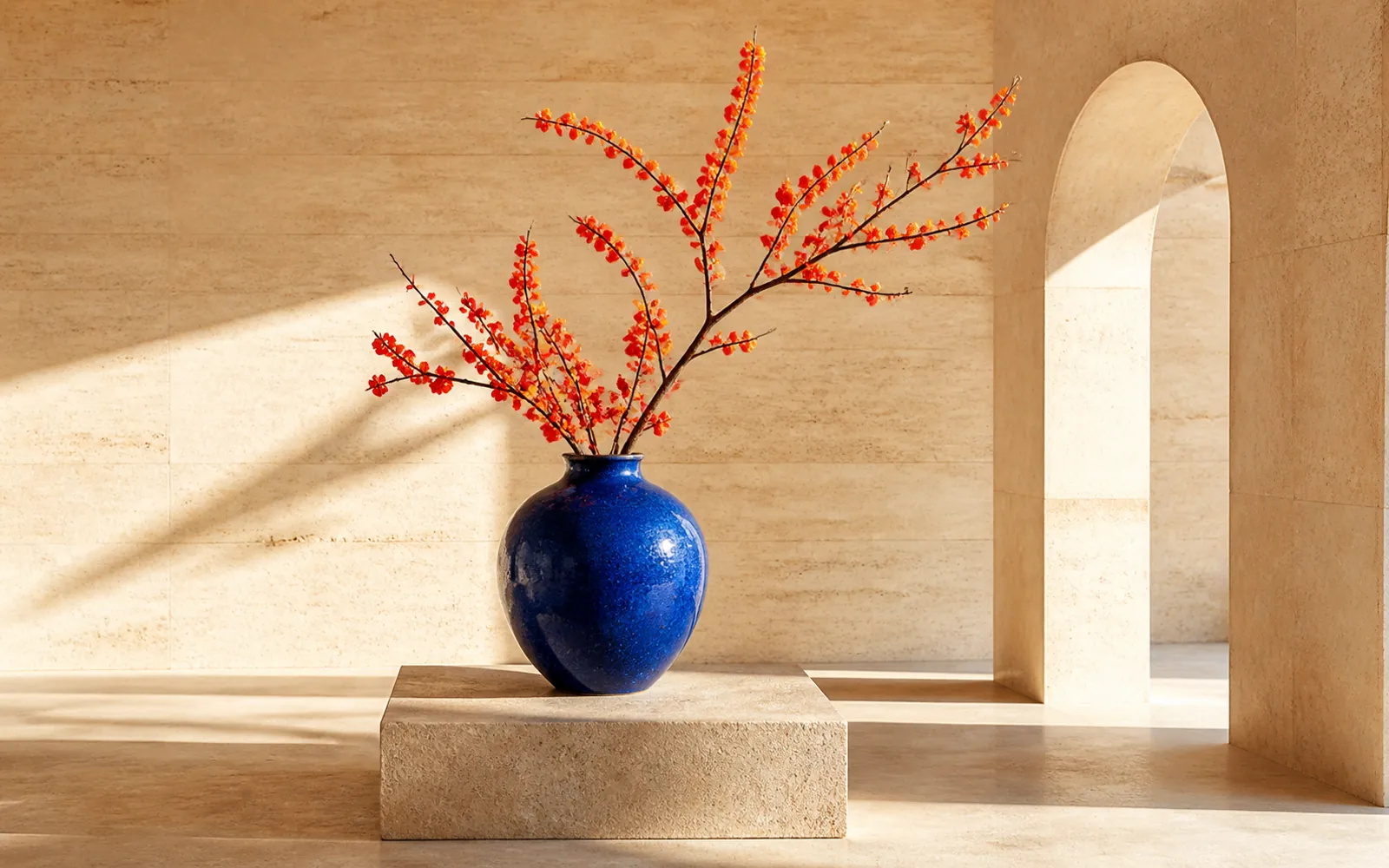 Cobalt vase and vermilion botanical branch combined inside a sunlit travertine gallery