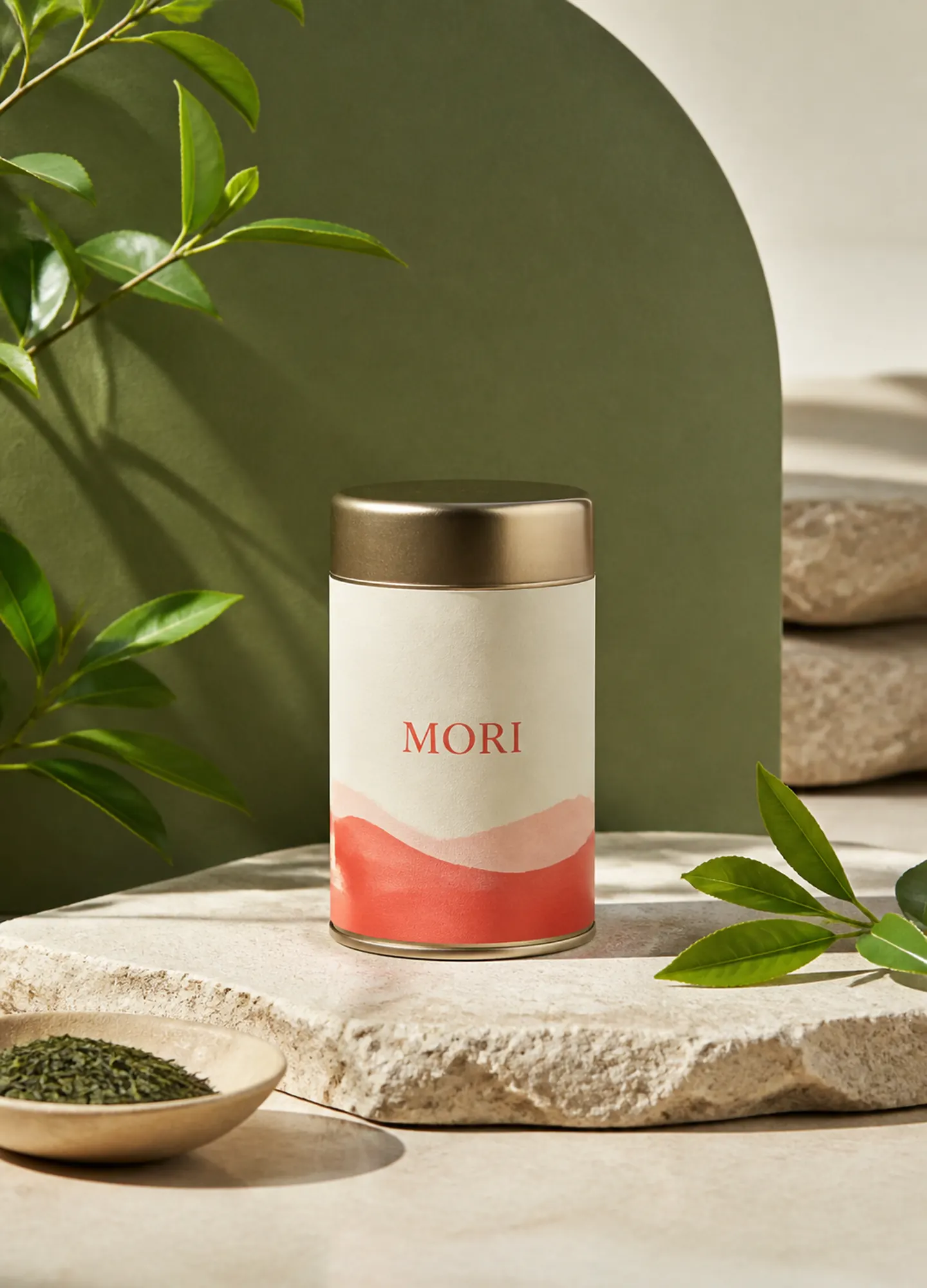 a fictional MORI tea package with controlled green and coral branding