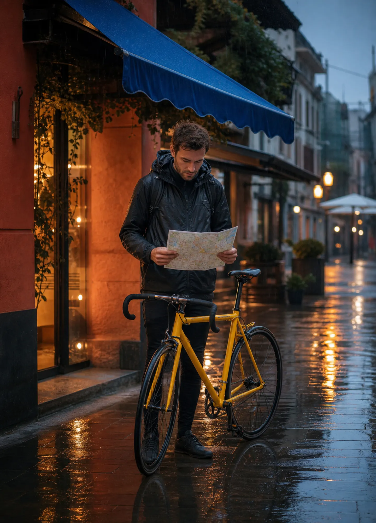 an urban cyclist beneath a cobalt awning on a rain-washed street
