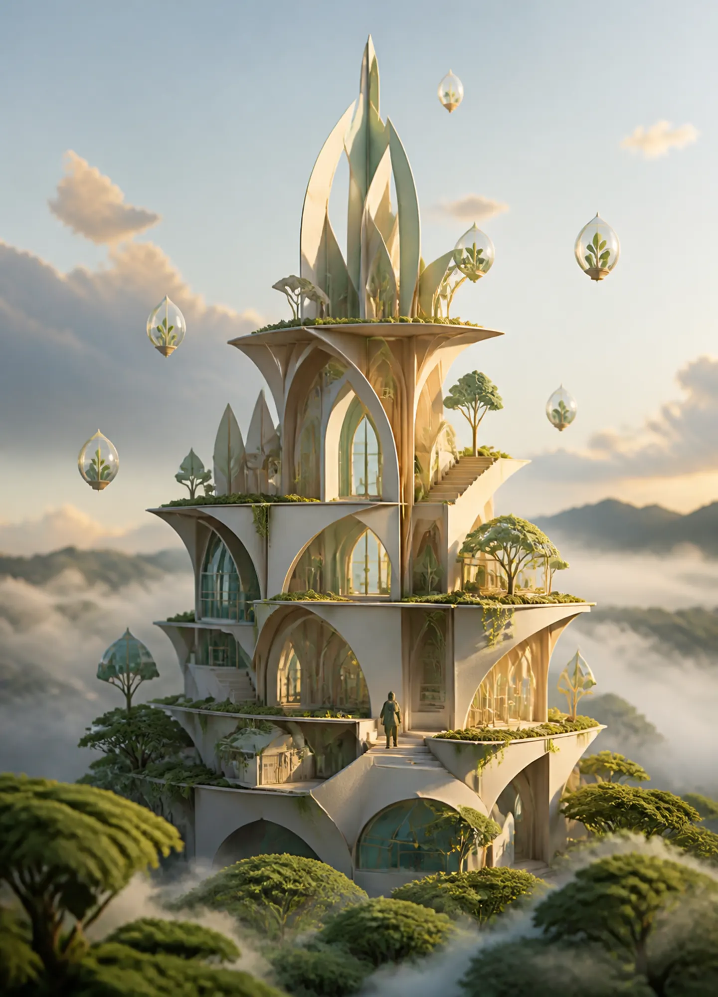 a paper-cut botanical observatory rising through a cloud forest