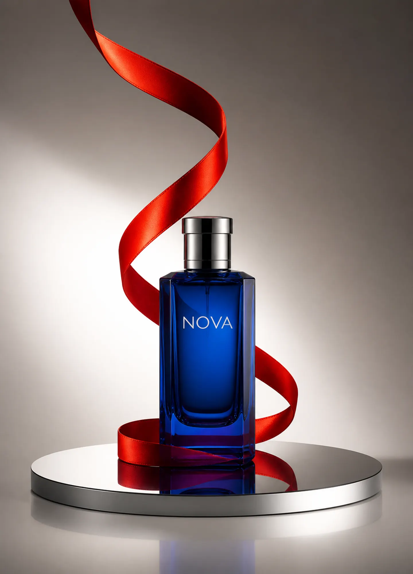 a cobalt NOVA fragrance bottle wrapped by a vermilion ribbon