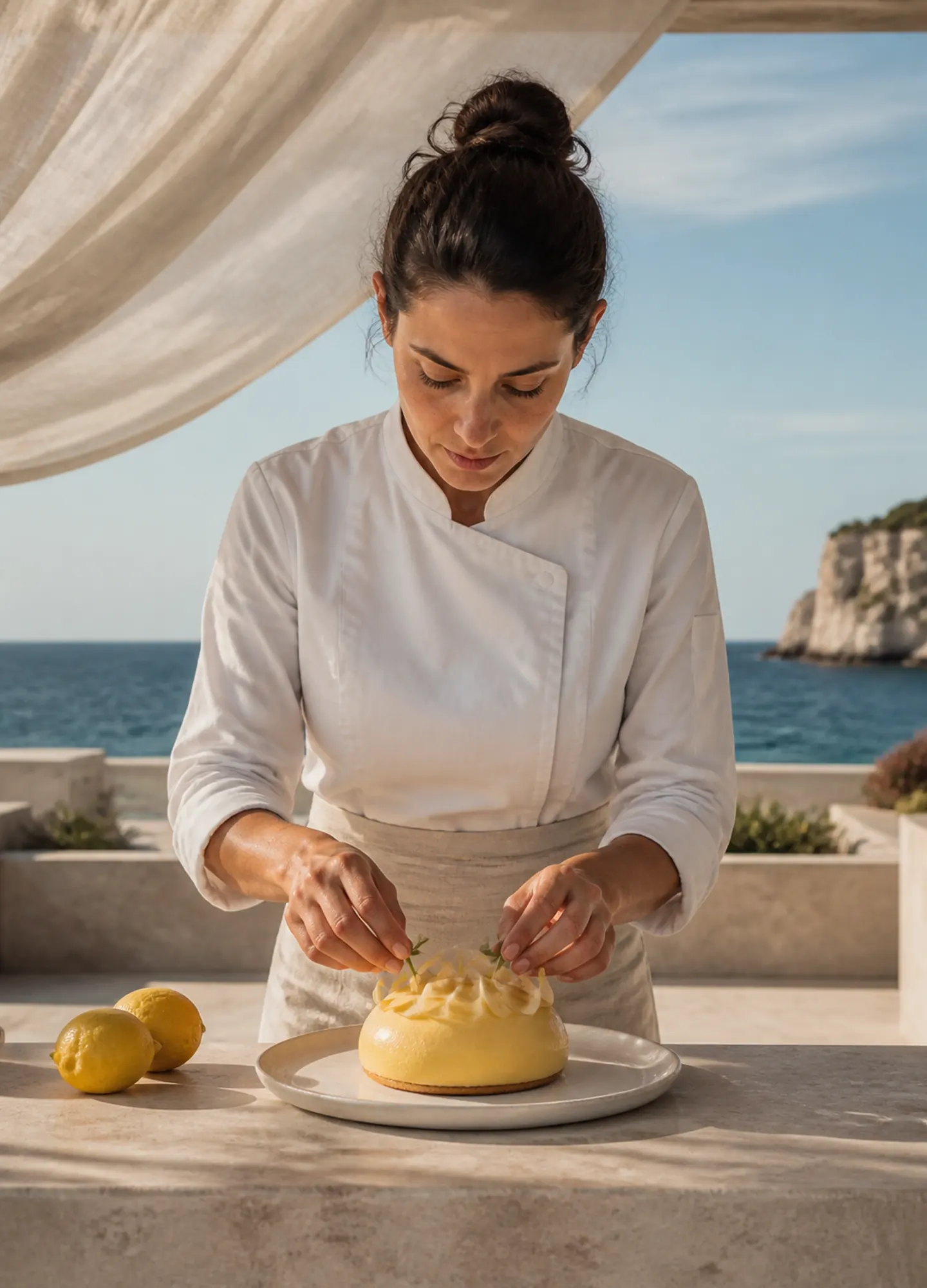 a chef arranging a citrus dessert in a sunlit coastal kitchen