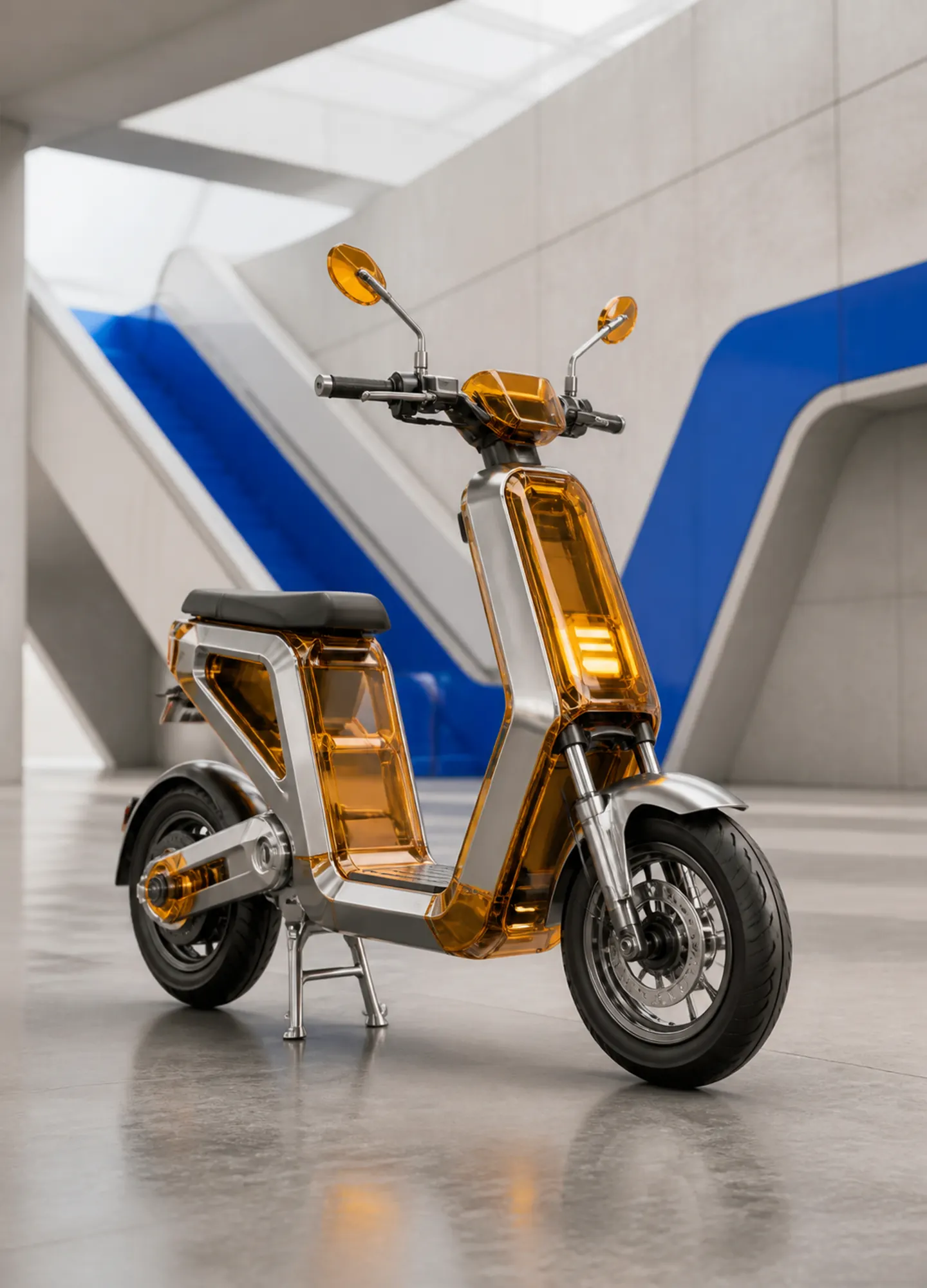 a translucent amber electric scooter in a minimal transit atrium