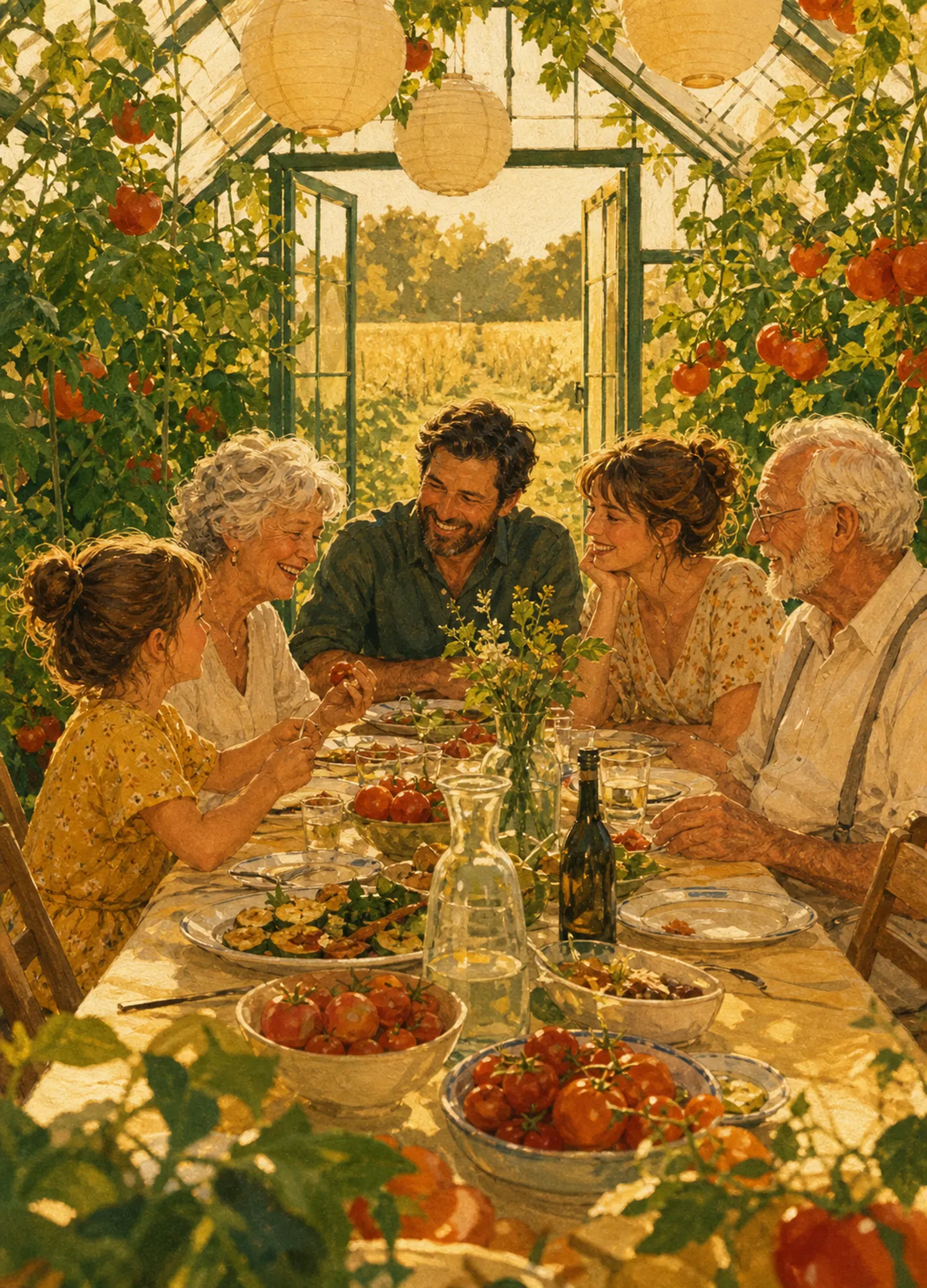 a multigenerational family meal illustrated in a summer greenhouse