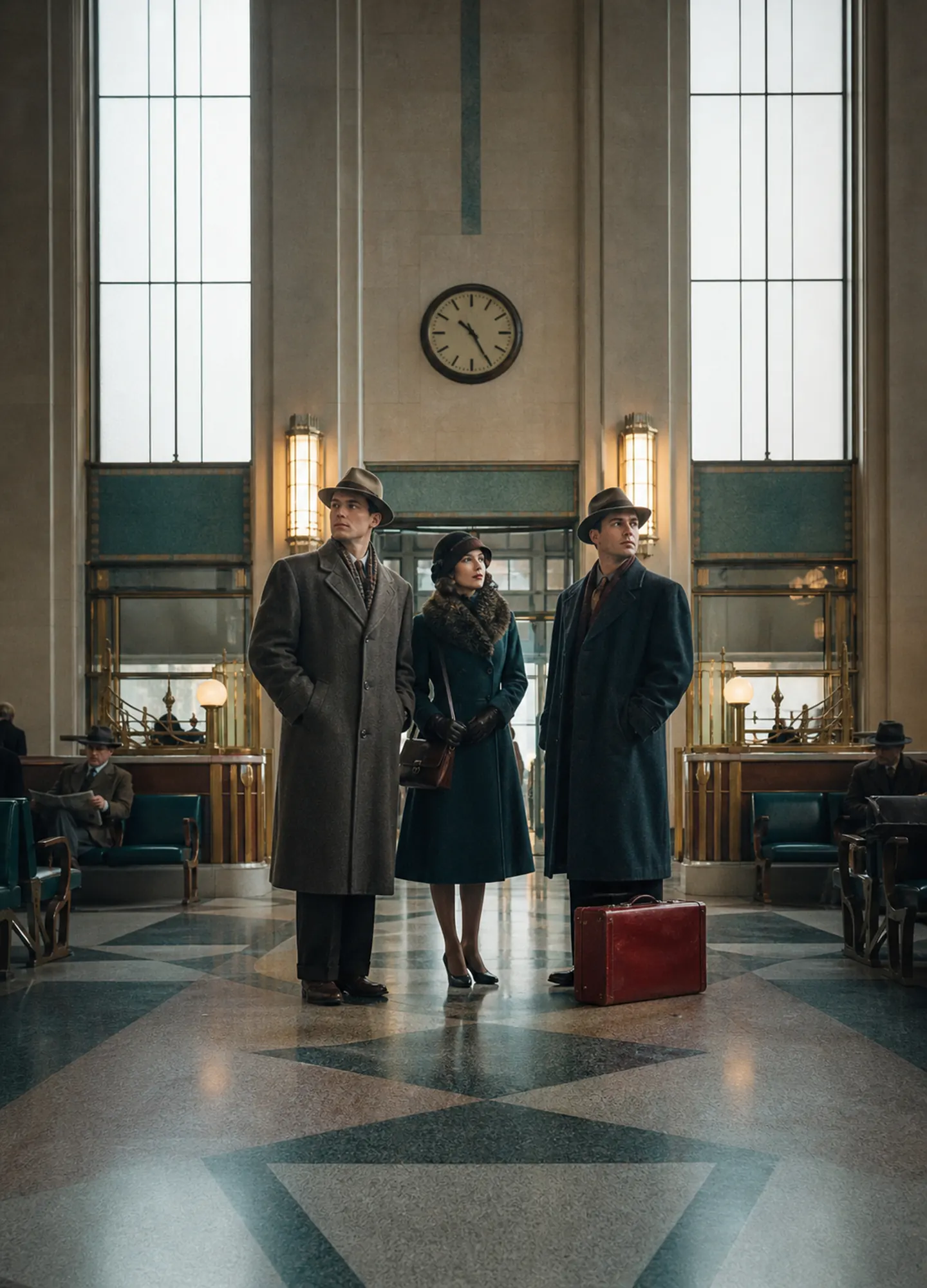 a cinematic 1930s modernist station with an oxblood suitcase