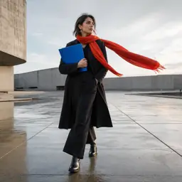 Architectural fashion photograph with cobalt and vermilion accents