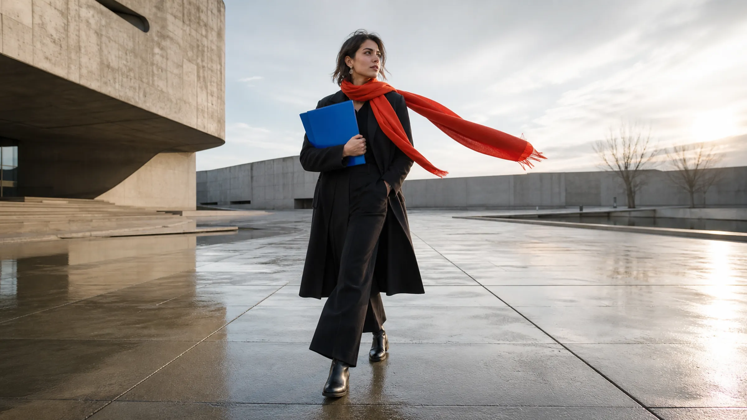 Architectural fashion photograph with cobalt and vermilion accents