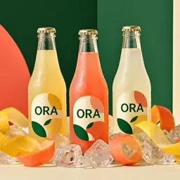 Fictional ORA beverage campaign with consistent short labels and brand colors